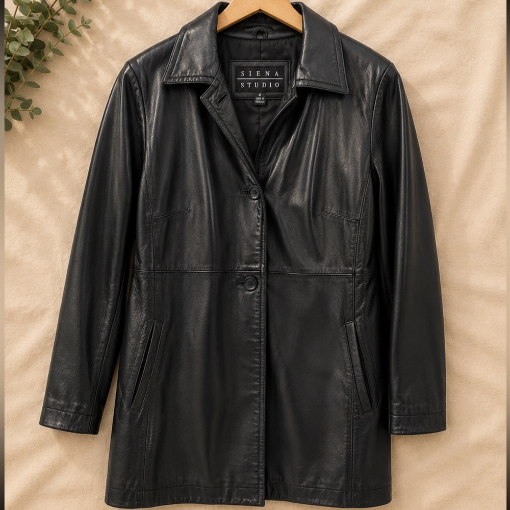 Siena Studio Genuine Leather Black Jacket Coat Medium Vintage 90s Minimalist
